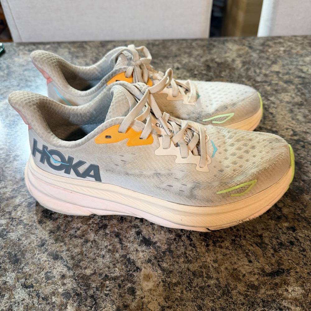 Hoka Clifton 9 Womens Running Shoes Cream Peach Lime 1127896 6.5B
